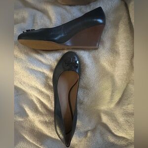 Tory Burch navy blue leather wedges!